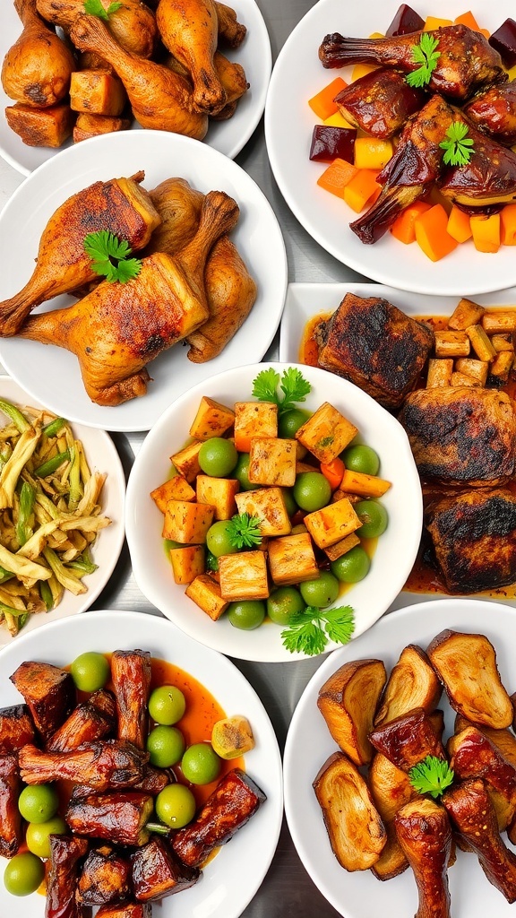 Authentic Five Spice Chinese Seasoning Recipes A collection of five spice seasoned dishes including chicken, vegetables, and pork belly, beautifully presented.